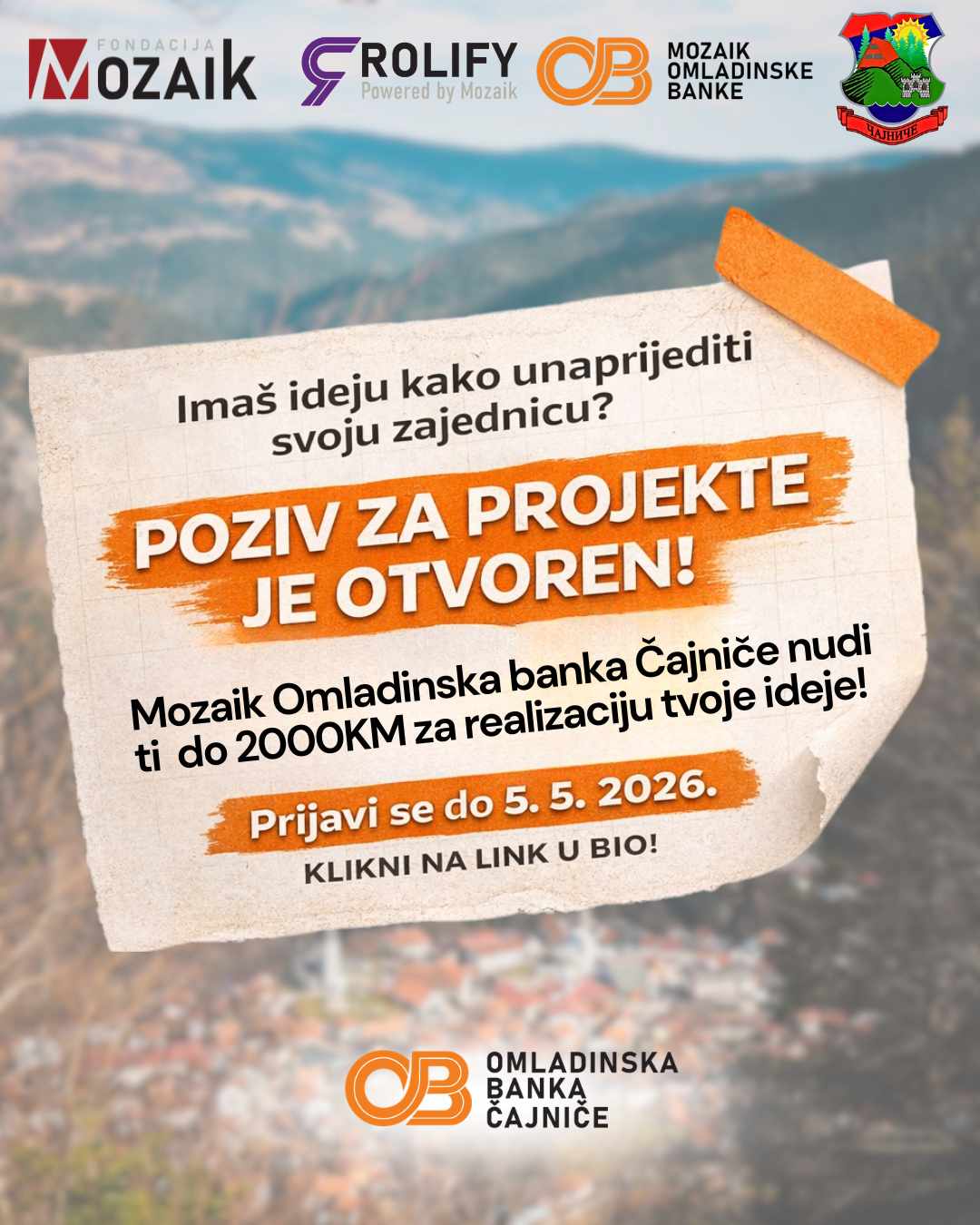 Позив за пројекте – Омладинска банка Чајниче